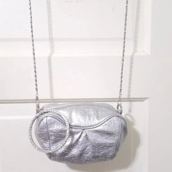 NEW Big Buddha SHINY Metallic SILVER Mini Crossbody Clutch Purse Rhinestone Zip - Picture 3 of 12
